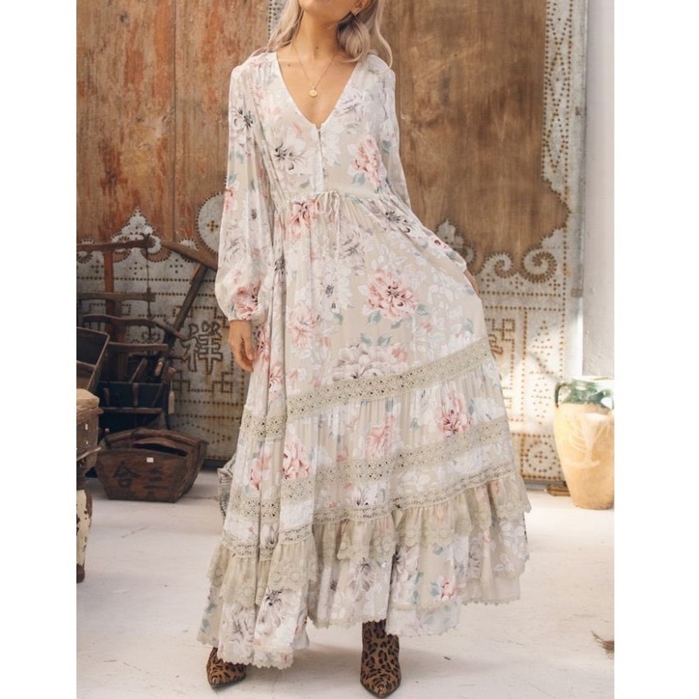 Jaase Floral Maxi Dress Boho Lace Tiered Long Sleeve Cottagecore Prairie Pink jj